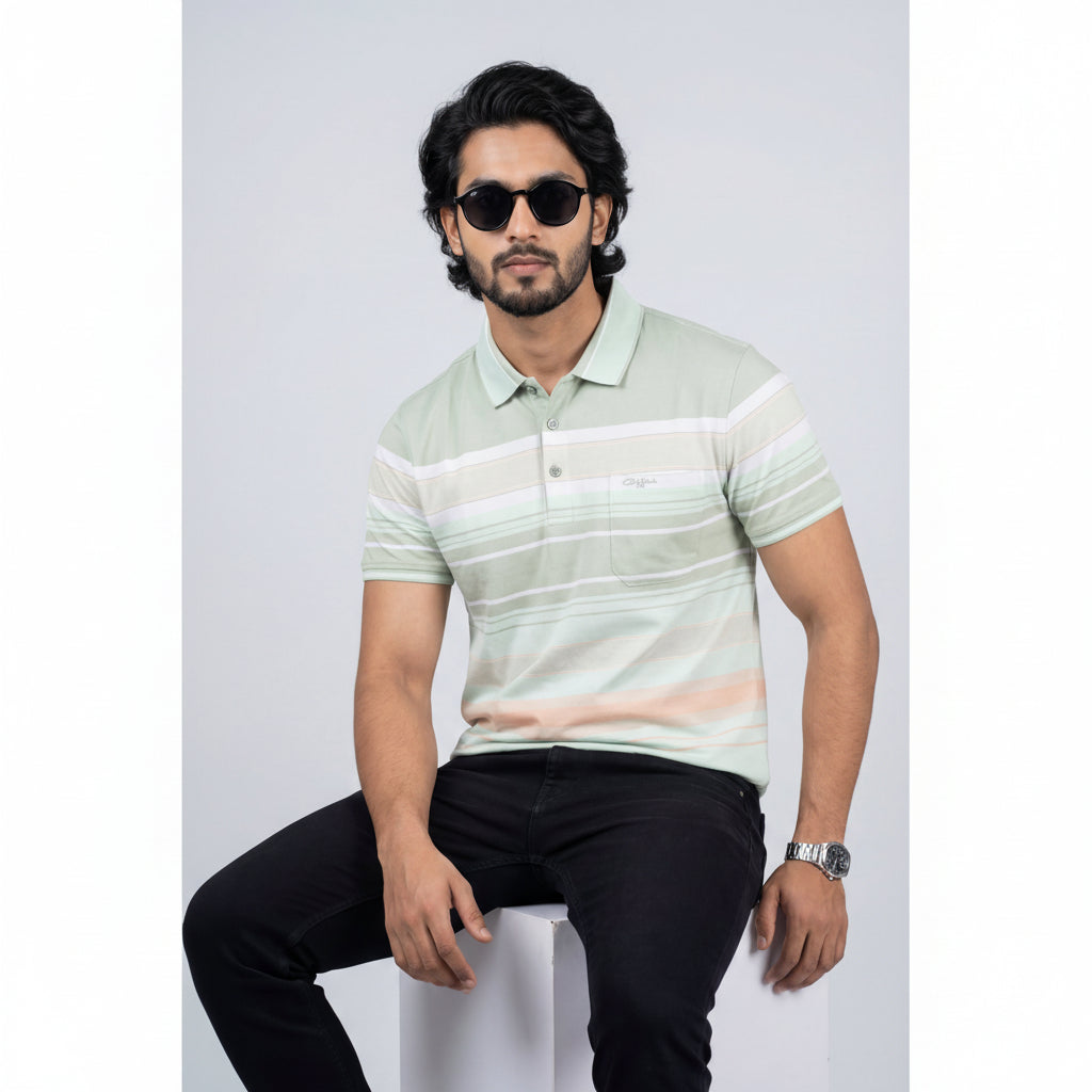 Men’s Premium Striped Polo T-Shirt -Off-White & Cream