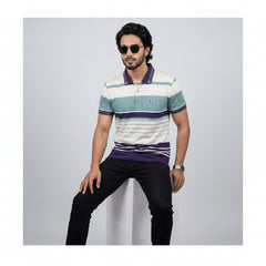 Men’s Premium Striped Polo T-Shirt -Deep Purple & Beguni