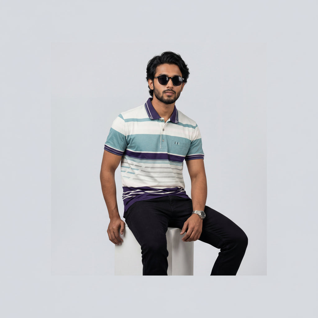 Men’s Premium Striped Polo T-Shirt -Deep Purple & Beguni