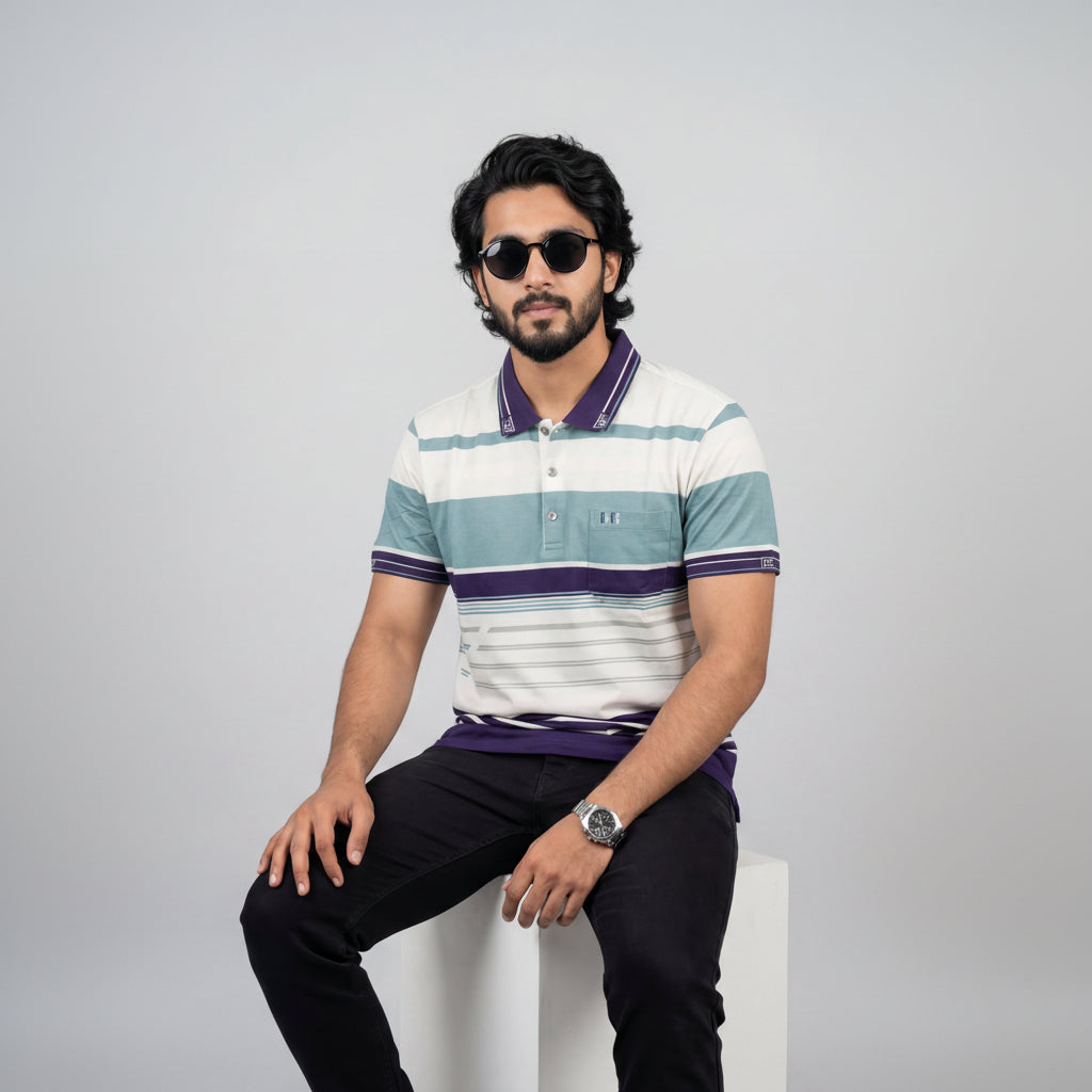 Men’s Premium Striped Polo T-Shirt -Deep Purple & Beguni