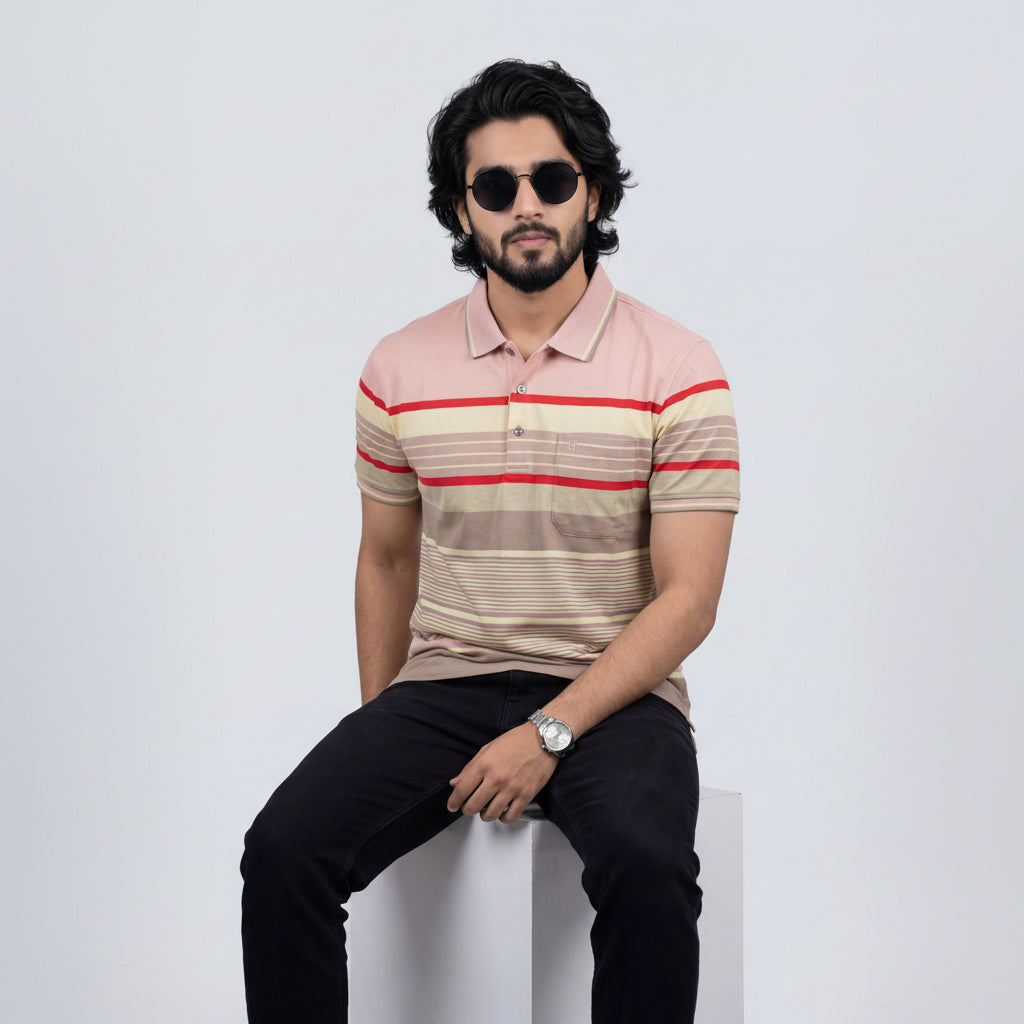Men’s Premium Striped Polo T-Shirt -Dusty Pink & Light Peach
